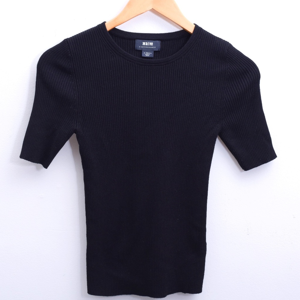Anthropoligie Maeve Black Stretchy Top Ribbed Thick Crew Neck   XS